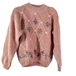 VTG Shenanigans Knitted By Hand Vintage Pink Embroidered Floral Ramie Sweater M